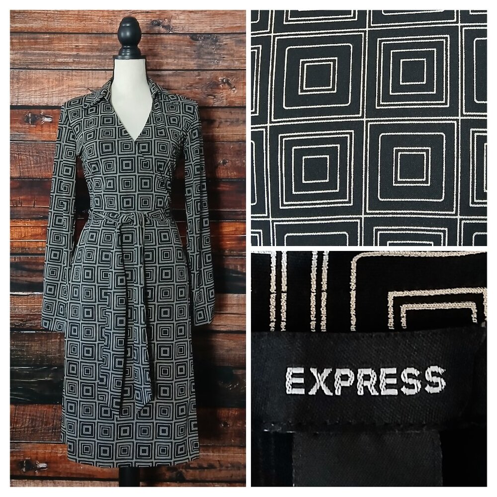 Express Wrap Dress 5 6 Black White Squares Belted Collared Long Sleeve